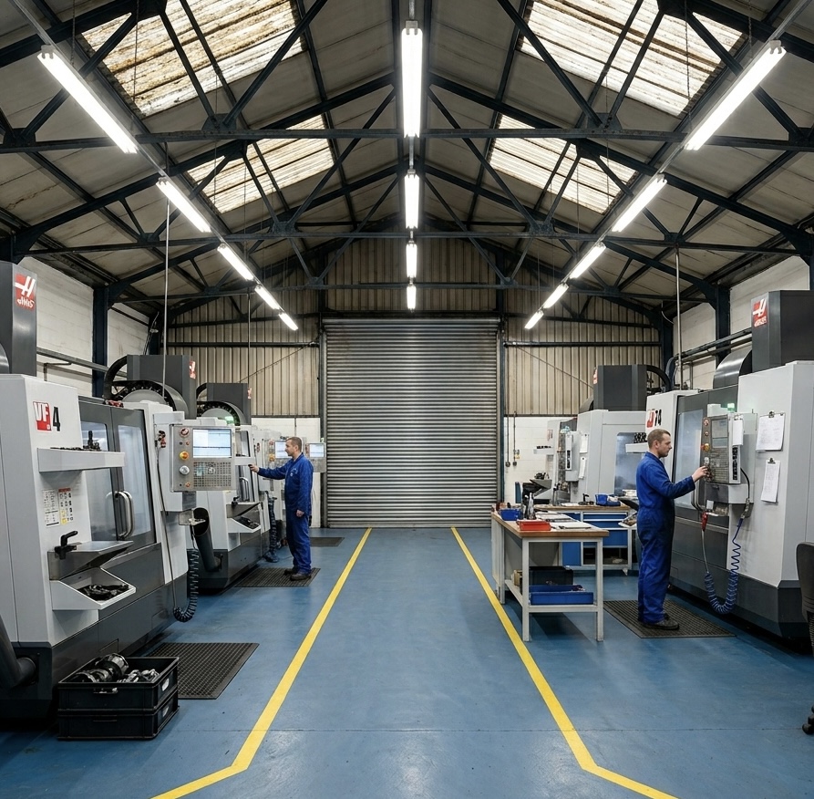 CNC machinists operating Haas machines in a Cambridge precision engineering workshop